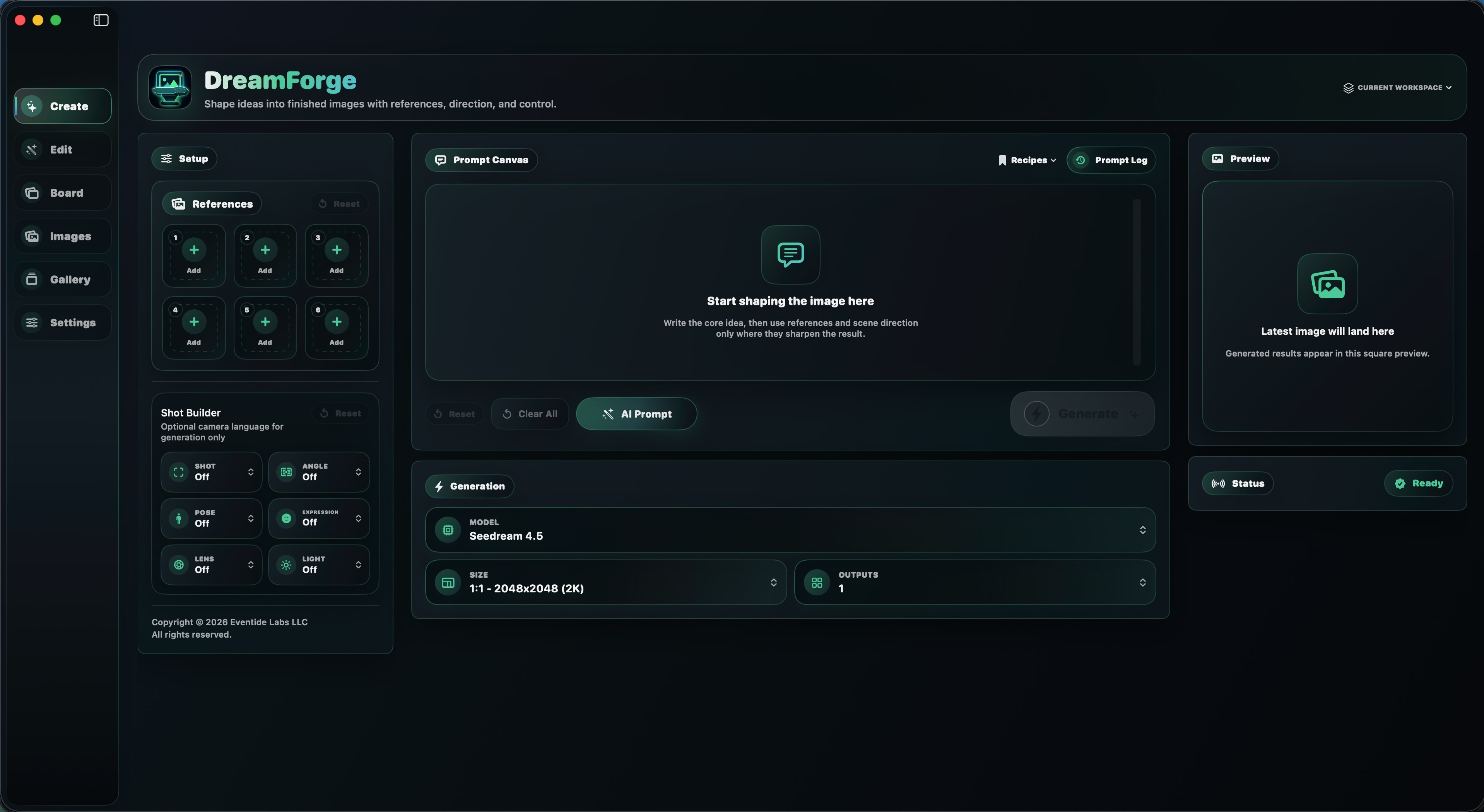 DreamForge for Mac Create workspace