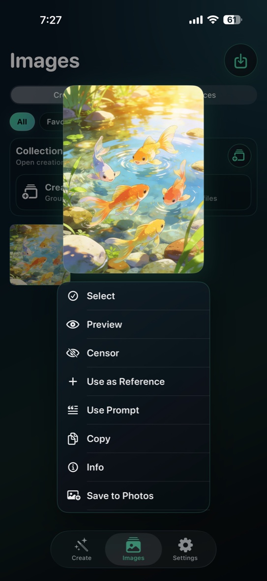 DreamForge centered image action menu