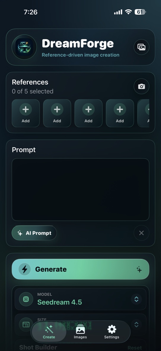 DreamForge for iPhone Create screen