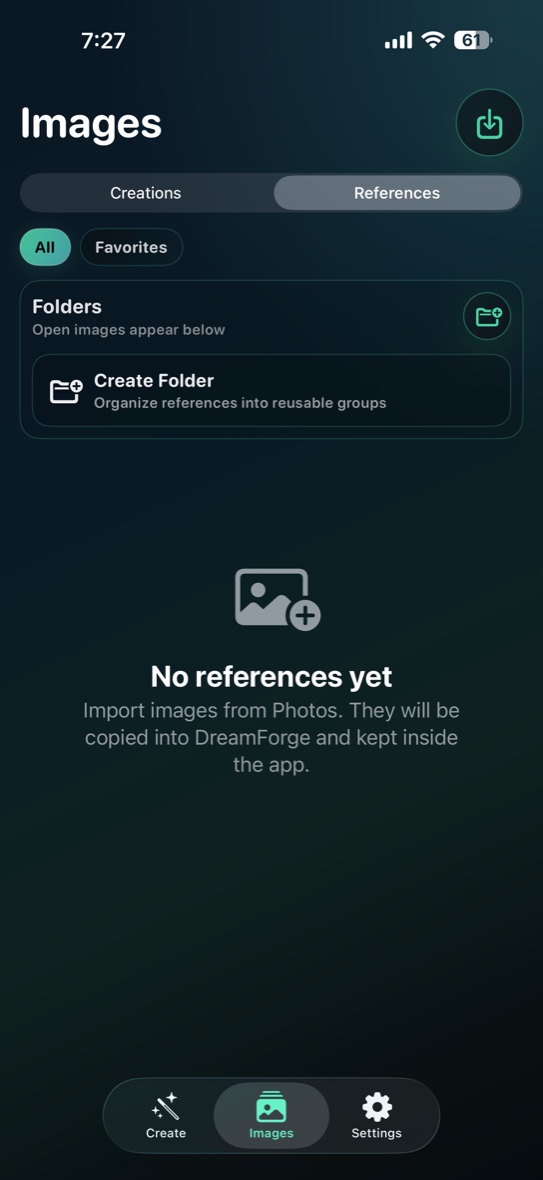DreamForge references tab empty state