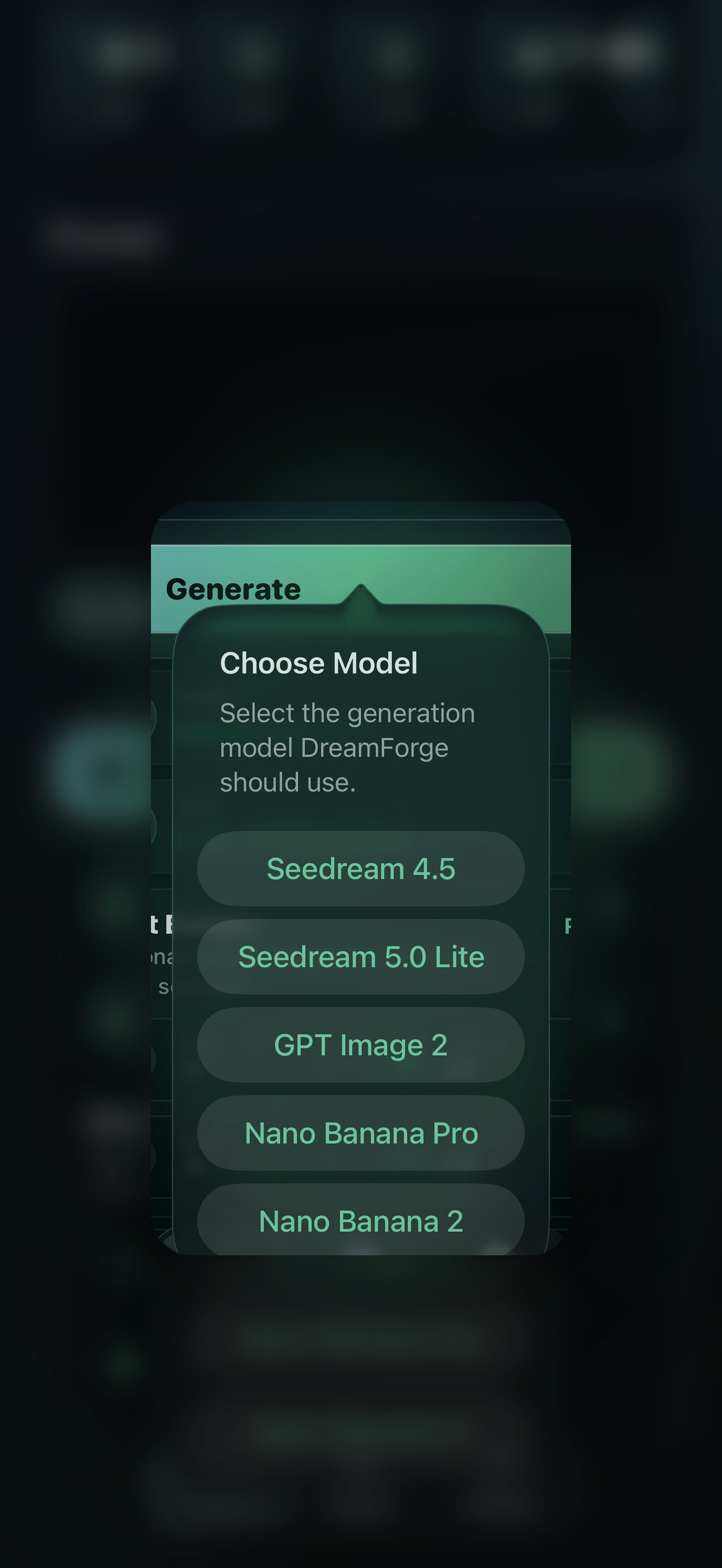 DreamForge model picker showing available generation models in the app
