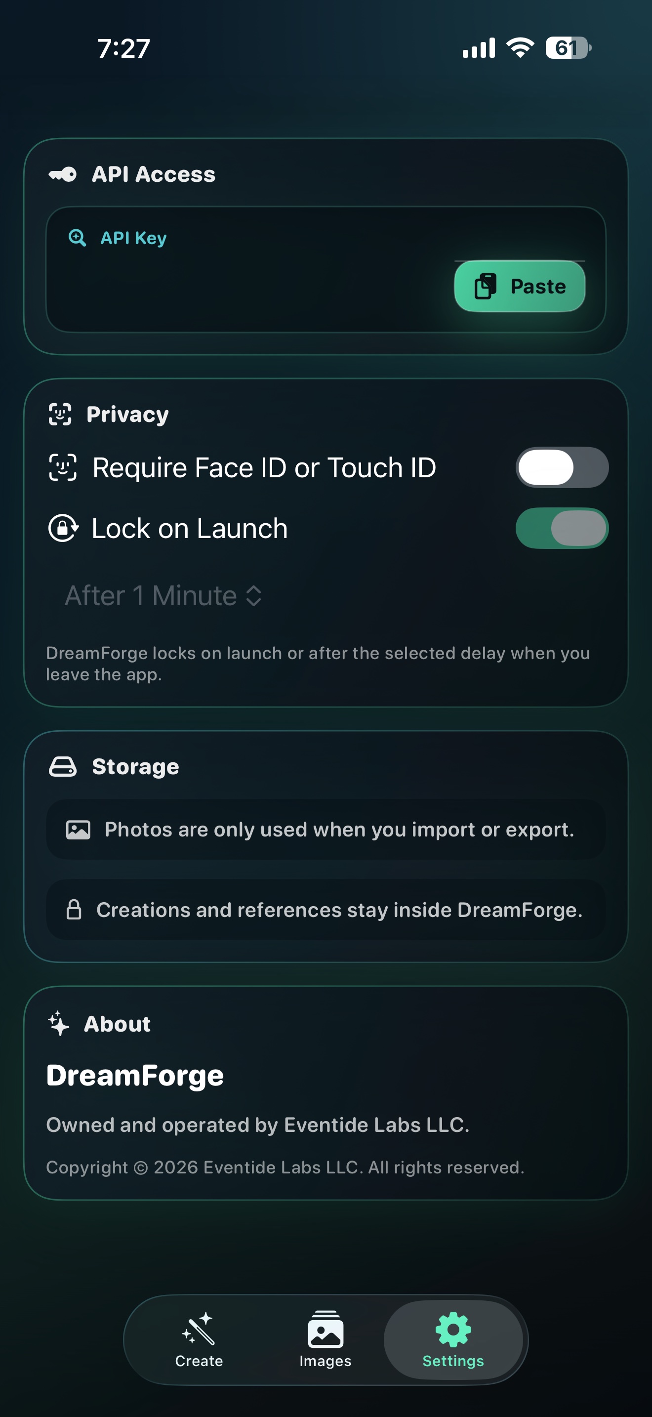 DreamForge privacy and storage settings
